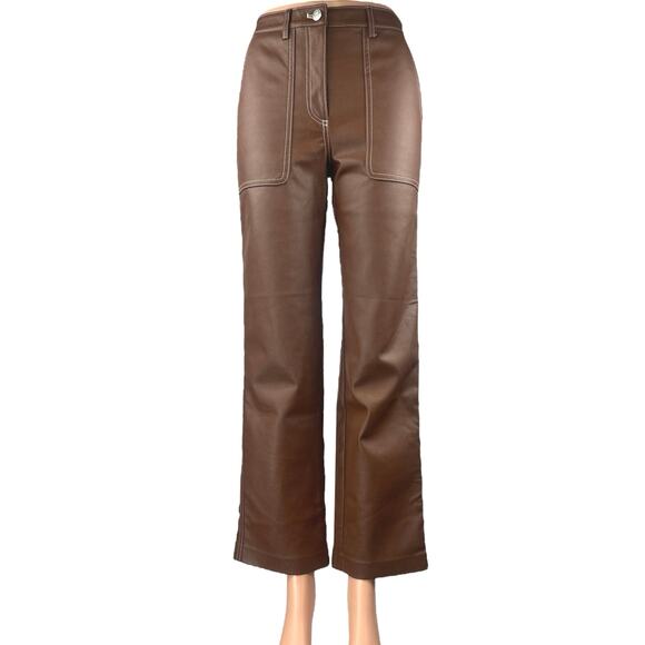 Aritzia Wilfred Brown Faux Leather High Waist Straight Wide Leg Trousers Pants 0 - Picture 1 of 5